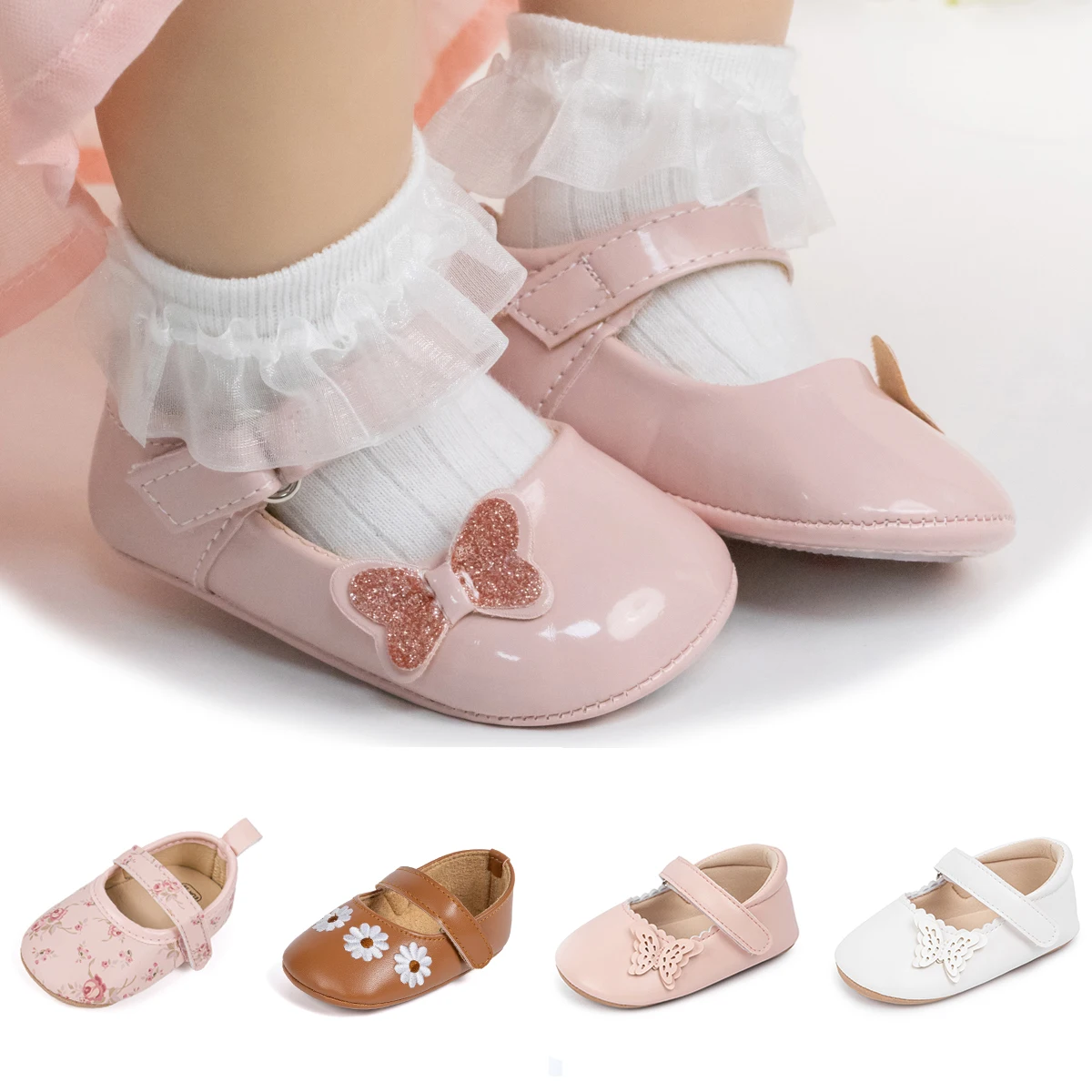 KIDSUN sepatu bayi perempuan kulit PU, sepatu bergaya pita putri, sepatu sol karet antiselip, SEPATU baju bayi baru lahir, jalan pertama