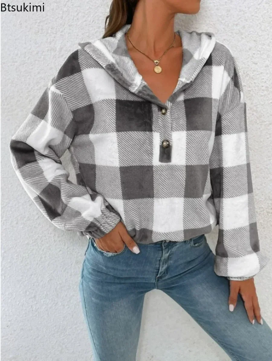 2025 Women's Plaid Print Hoodies Shirts Button Half Open Collar Sweatshirts Female Autumn Winter Hooded Sweatshirt Retro Clothes