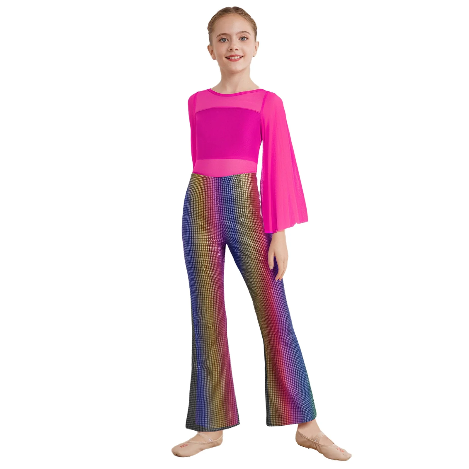 

#6-16 Kids Girls Jazz Tango Dance Performance Costume Long Flared Sleeves Sheer Mesh Metallic Plaid Jazz Raves Dance Jumpsuit