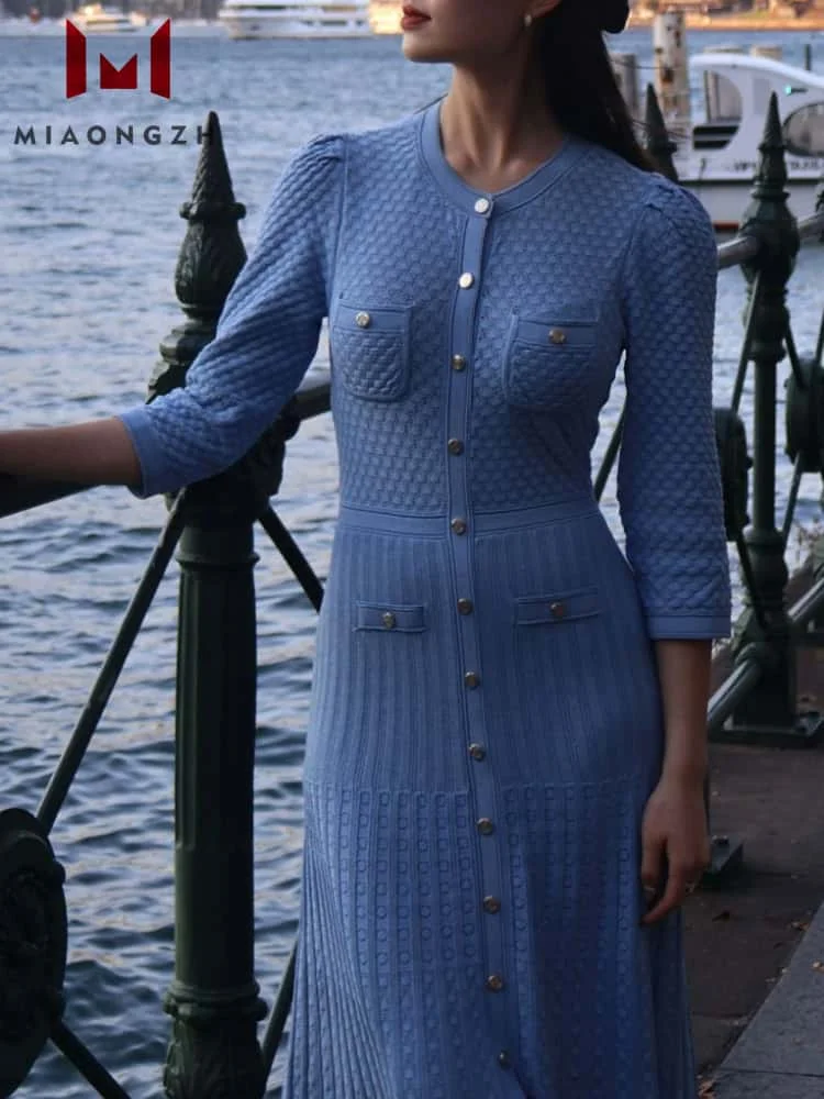 

2025 Early Spring New O Neck Knitted Dress For Women Long Sleeve Single Breasted Temperament Hollow Solid Female Party Dresses
