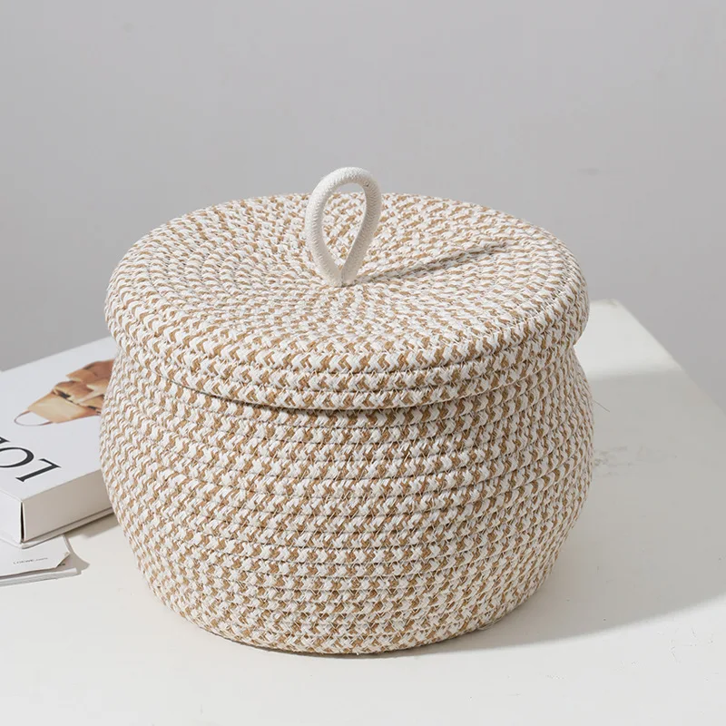 New round storage basket cotton rope with cover storage box snack basket egg basket sundries finishing basket