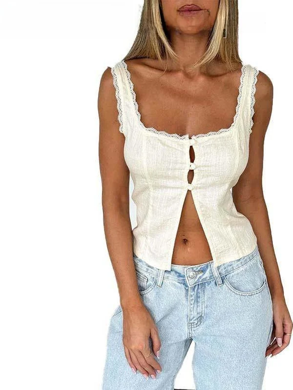 Gilet décontracté en dentelle pour femmes, coupe ample, t-shirt quart Sve, cravate à bandes, détails floraux, été, Faion