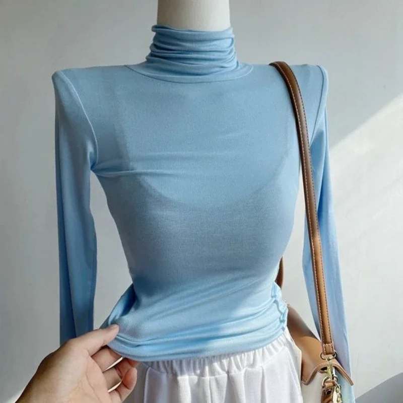 Wholesale High Strecth See-through Top Basic Slim T Shirts Spring Autumn Pile Collar Long Sleeve Solid Turtleneck Women T Shirt