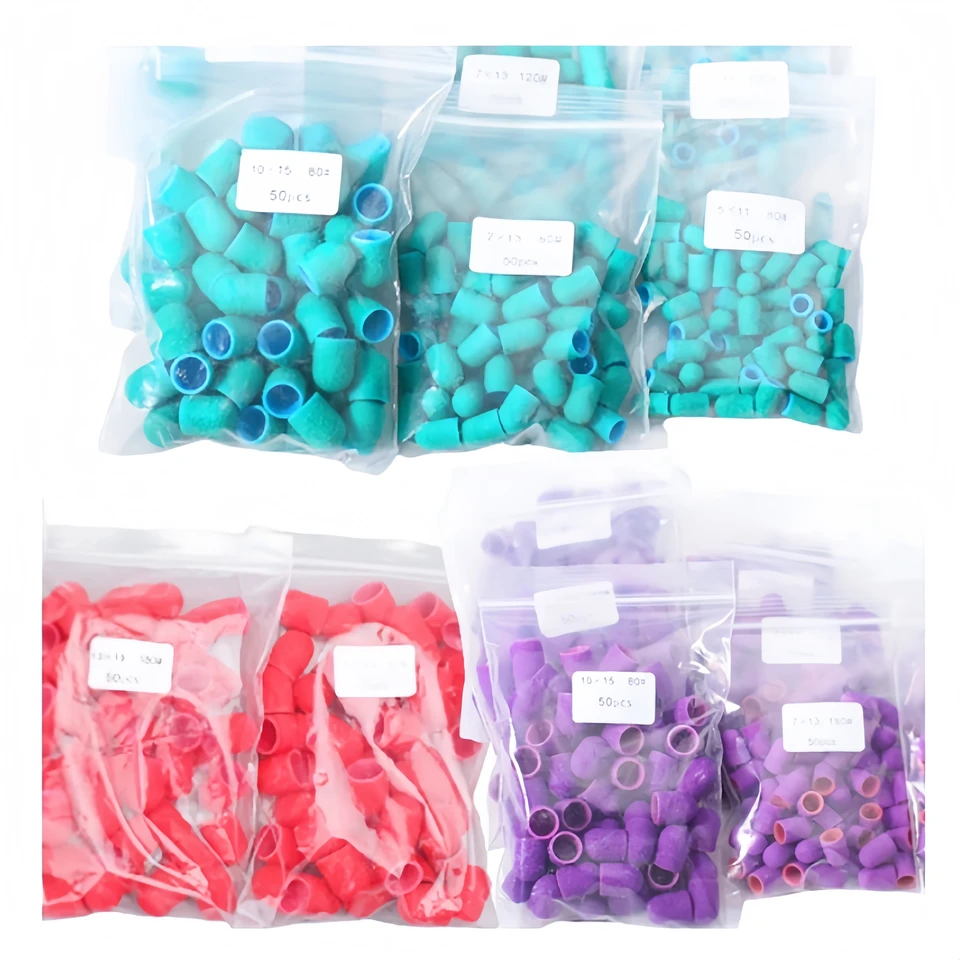 50 piezas caps de lijado para uñas con bloque de pedicura de goma – fresas eléctricas para cutícula y pulido de pies. 2