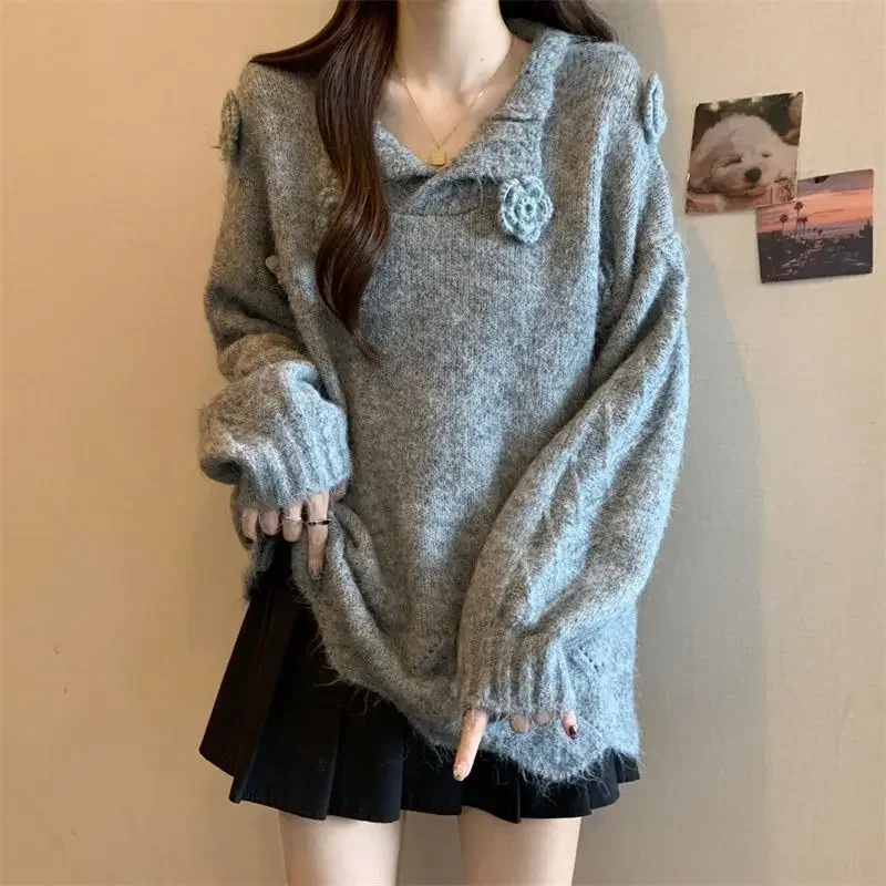 秋冬無地刺繍Vネック袖グレー3Dフラワーセーター大きいサイズレディースインナーウェアニットトップスおしゃれ