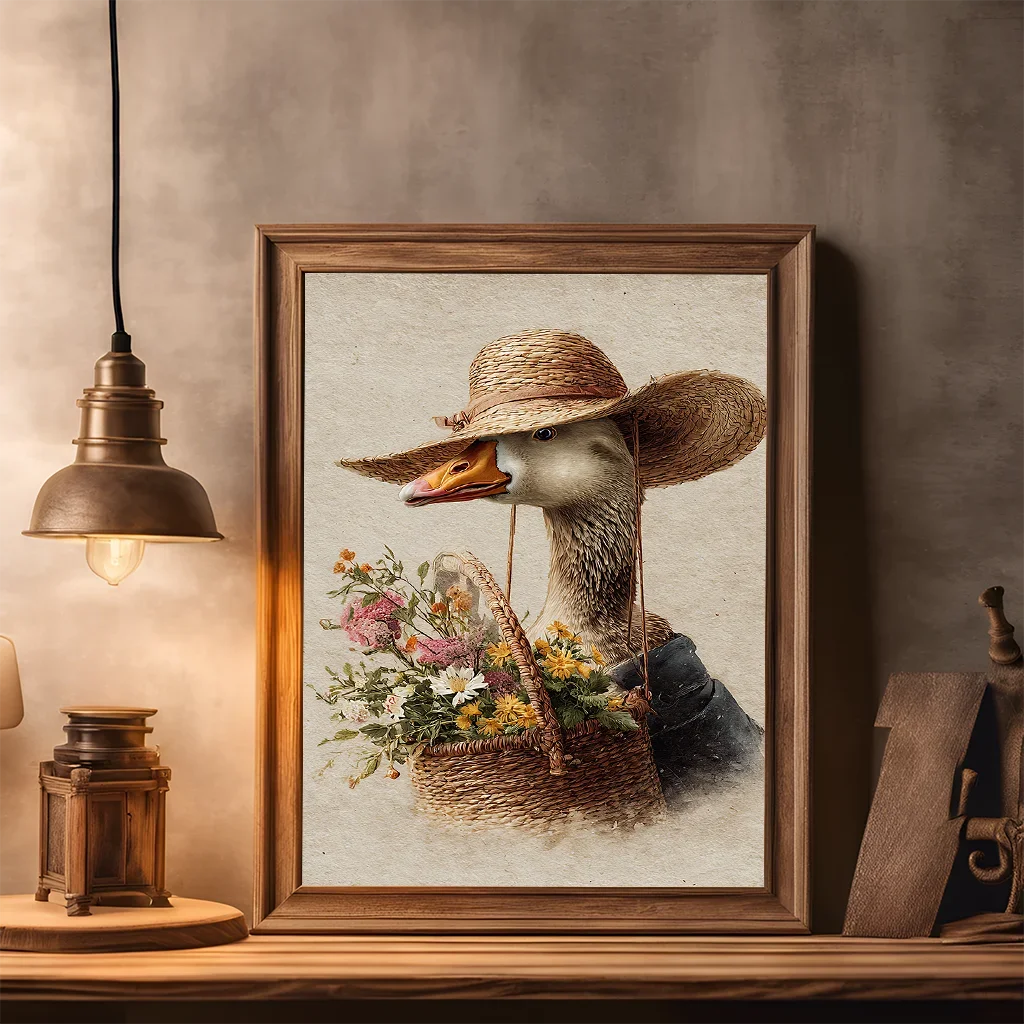 2026 Vintage Animal Wall Art, Whimsical Duck Floral Canvas Painting, Cute Farm Mallard Poster Print for Bedroom Living Room Dec