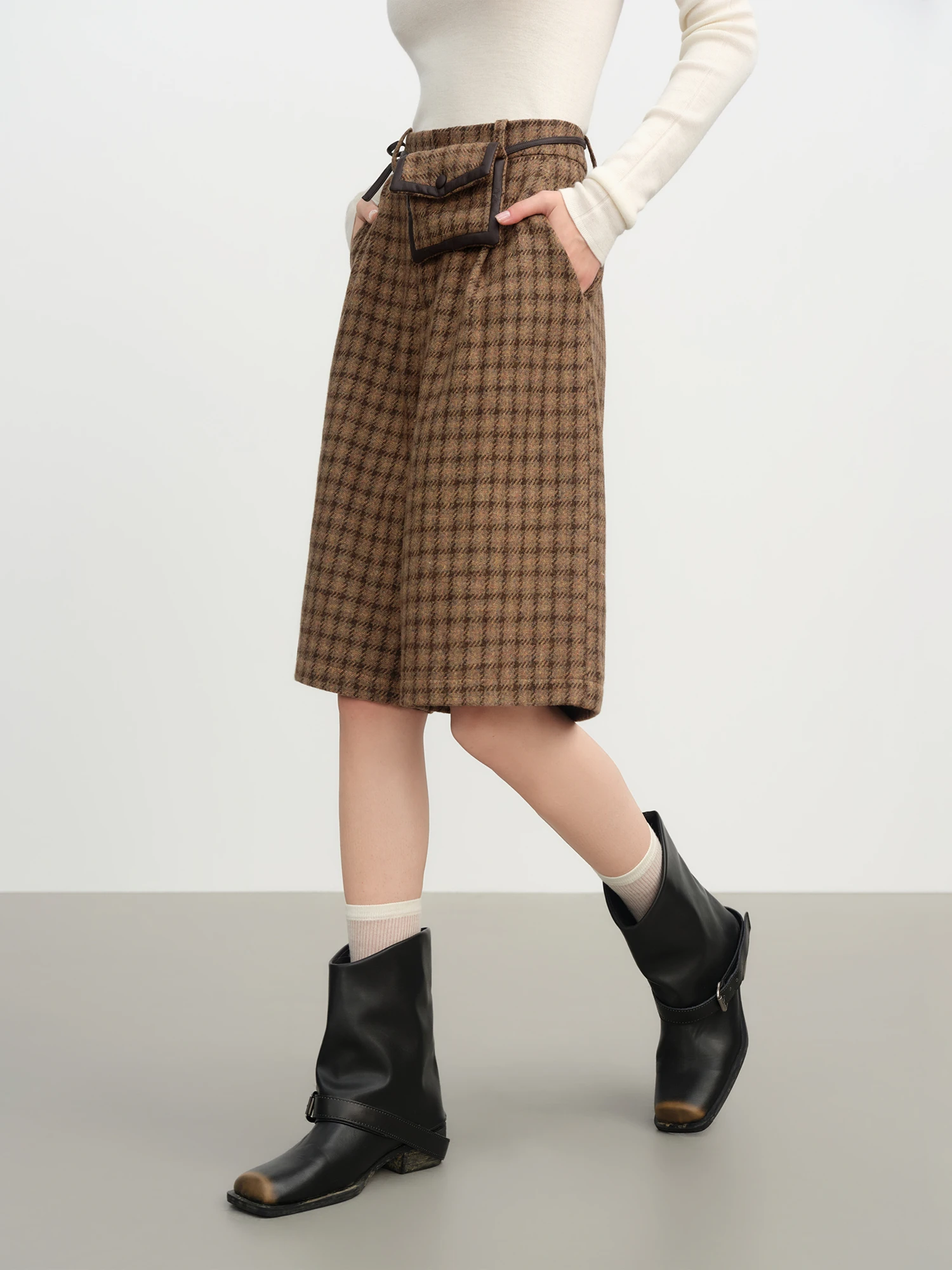 FSLE Designer Pants Autumn Women Plaid Pants with Detachable Pocket Vintage High Waist Trousers Classic Check Pattern Retro Wear