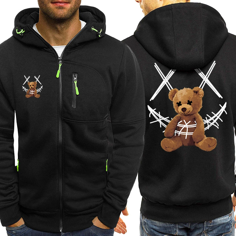 Trapped Brown Ted Bear Pattern Hoodies Men Hip Hop Clothes Warm Fleece Streetwear Oversized Zipup Hooded Loose Zipper Sweatshirt