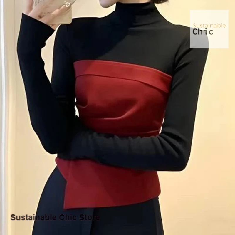 Korean style contrast stitching top women's spring and autumn new fashion temperament advanced waist long sleeve bottoming shirt
