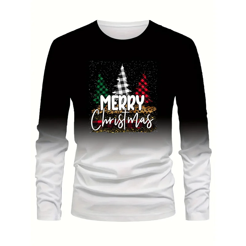 Christmas Theme Pattern T-Shirt For Men Santa Claus 3D Printed T Shirts Autumn Casual Loose O-Neck Tops Tees Long Sleeves