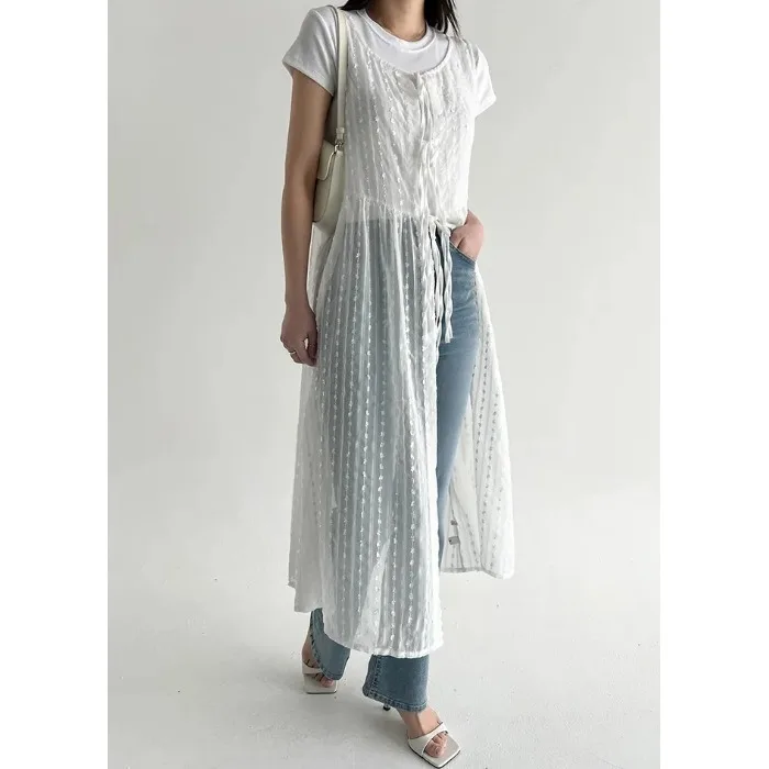 

2025 Spring Chic Layered Lace Vest Dress Loose Mid-Length Sleeveless Versatile Dress Polyester Fiber 100% Women's Fashion