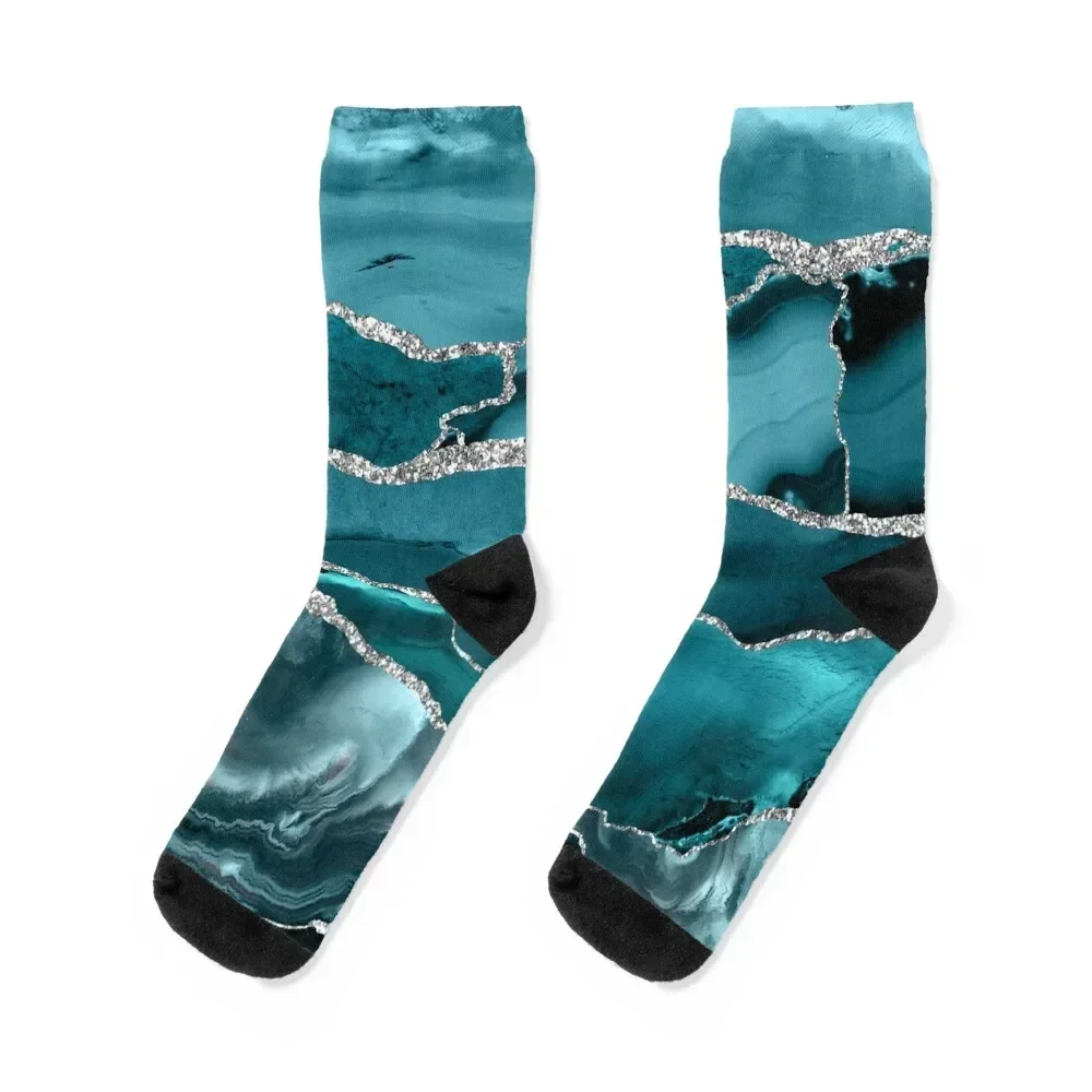 

Trend Turquoise Faux Marble Textures Socks ankle Rugby Non-slip Women Socks Men's