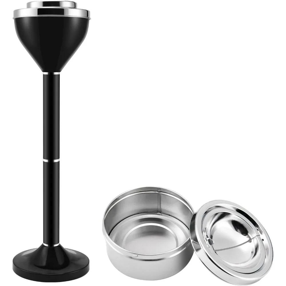 

Large Tall Outdoor Standing Ashtray with Lid Metal Cigarette Butt Receptacle for Patio Commercial Use Polished Black