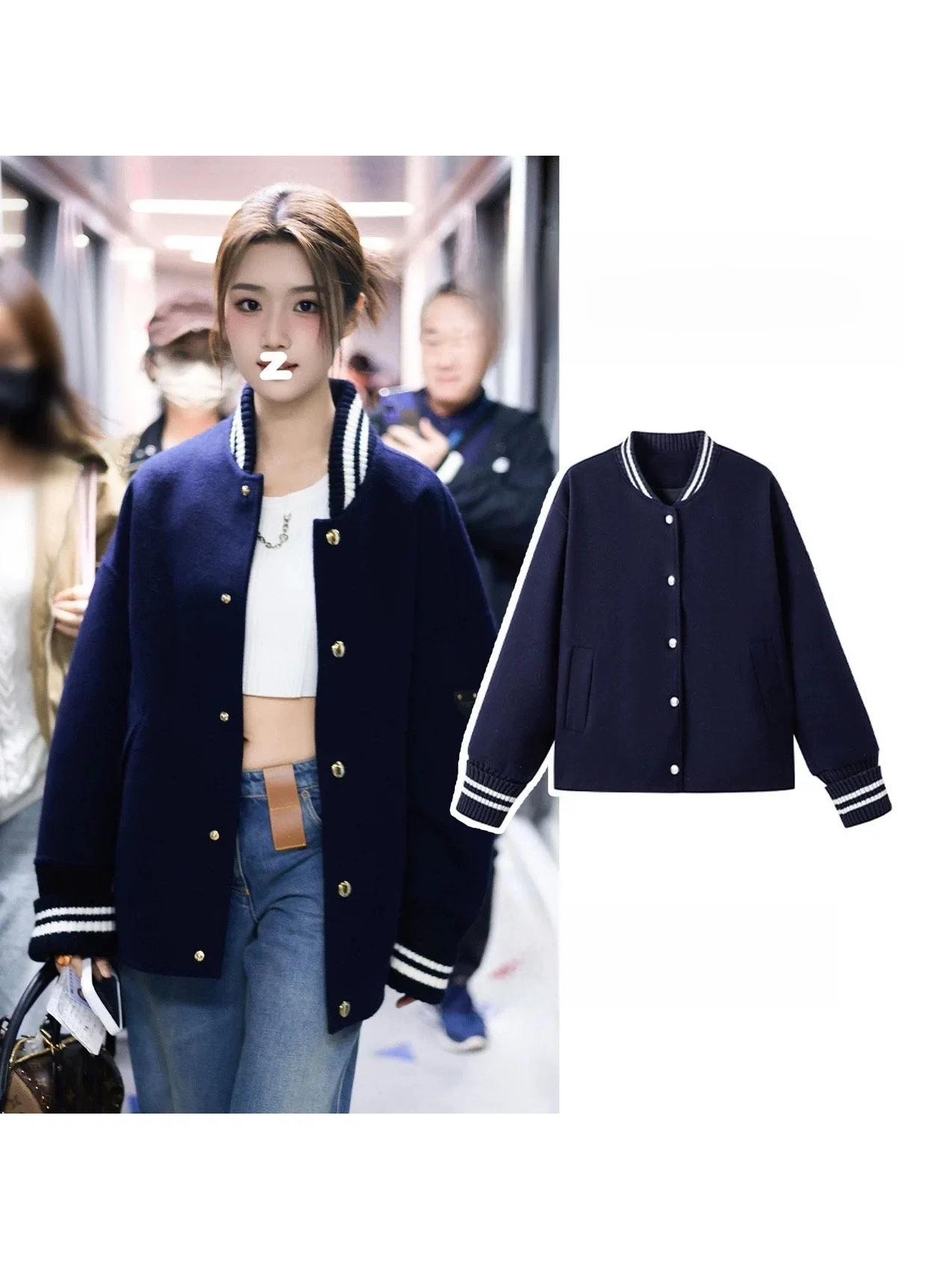 

Lu Yuxiao American Retro Dark Blue Baseball Jacket Women's Loose Casual Korean Style Autumn Winter Top Button Pocket Detail