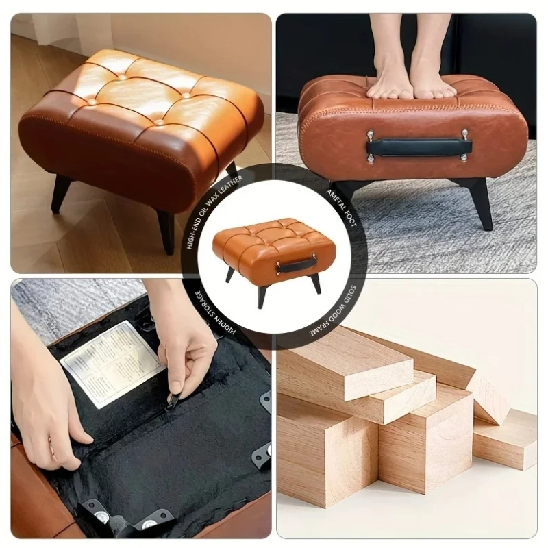 ww-A High-quality Oil-and-wax Leather Low Stool, Footstool, Leather Footrest Stool