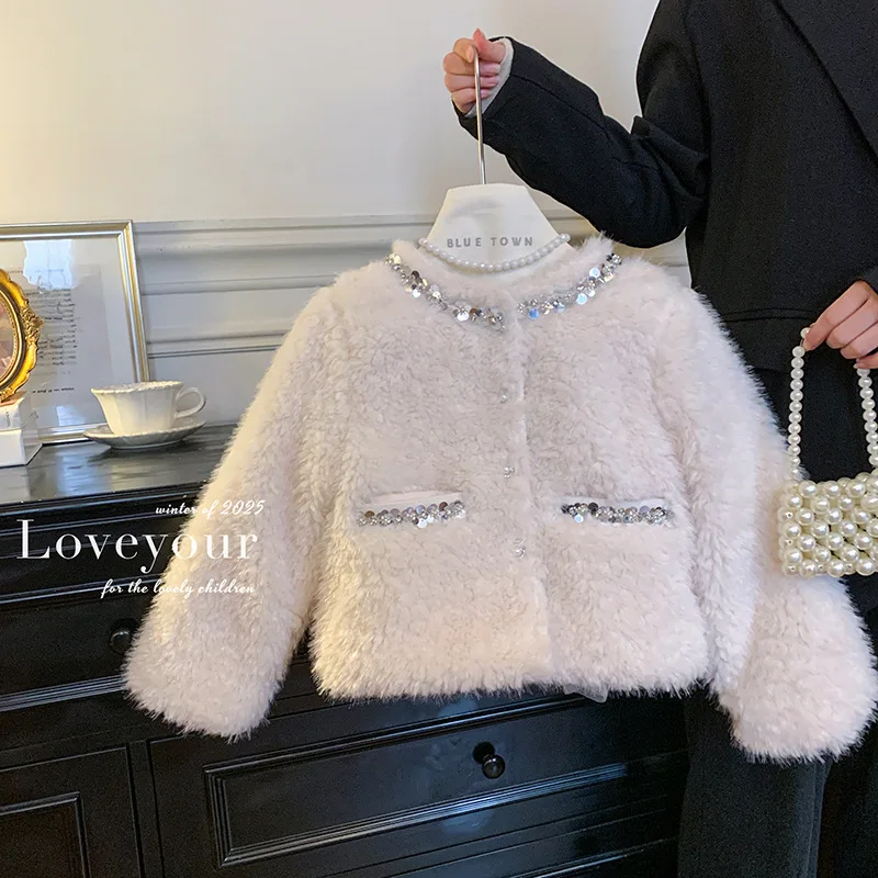 Girls' Autumn and Winter New Stylish Quilted Furry Pearl Sequin Long Sleeve Jacket