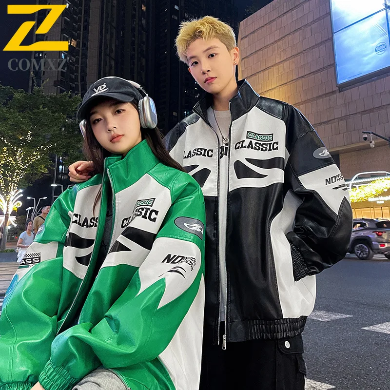 COMXZ 2025 Unisex Leather Jacket Retro Color Block Travel Scratch Resistant Jackets Leisure Stand Collar Windproof Outerwear​