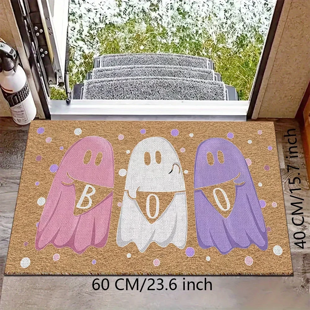 VIKAMA Retro Halloween White Ghost Black Bat Coir Doormat Spooky Holiday Outdoor Entryway Decor Mat Home Decor
