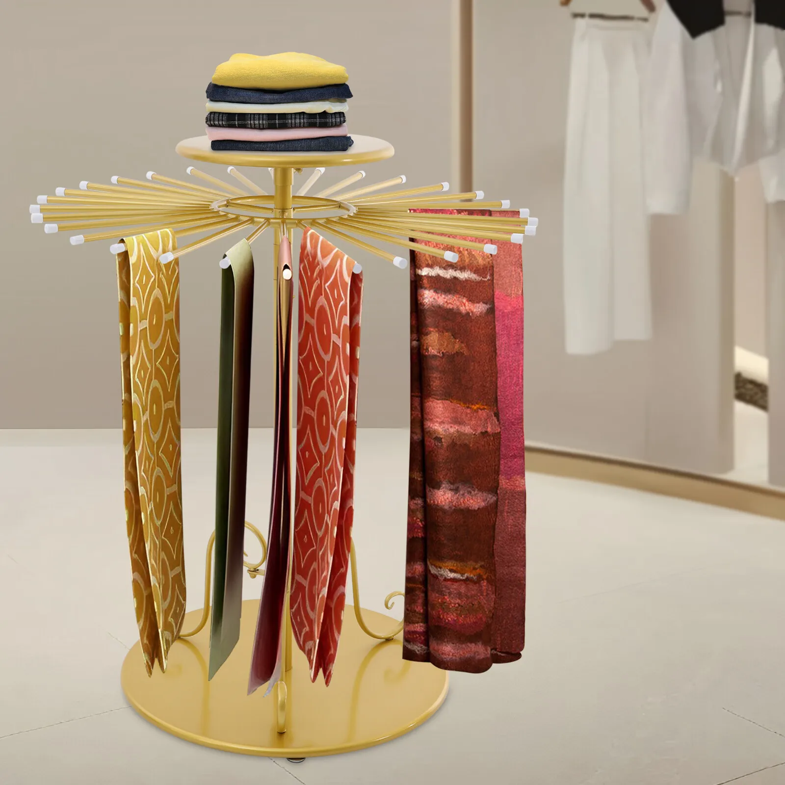 

70*82-134cm Freestanding Scarf Display Rack Rotating Round Scarf Display Stand Scarf Holder Organizer 30 Rods
