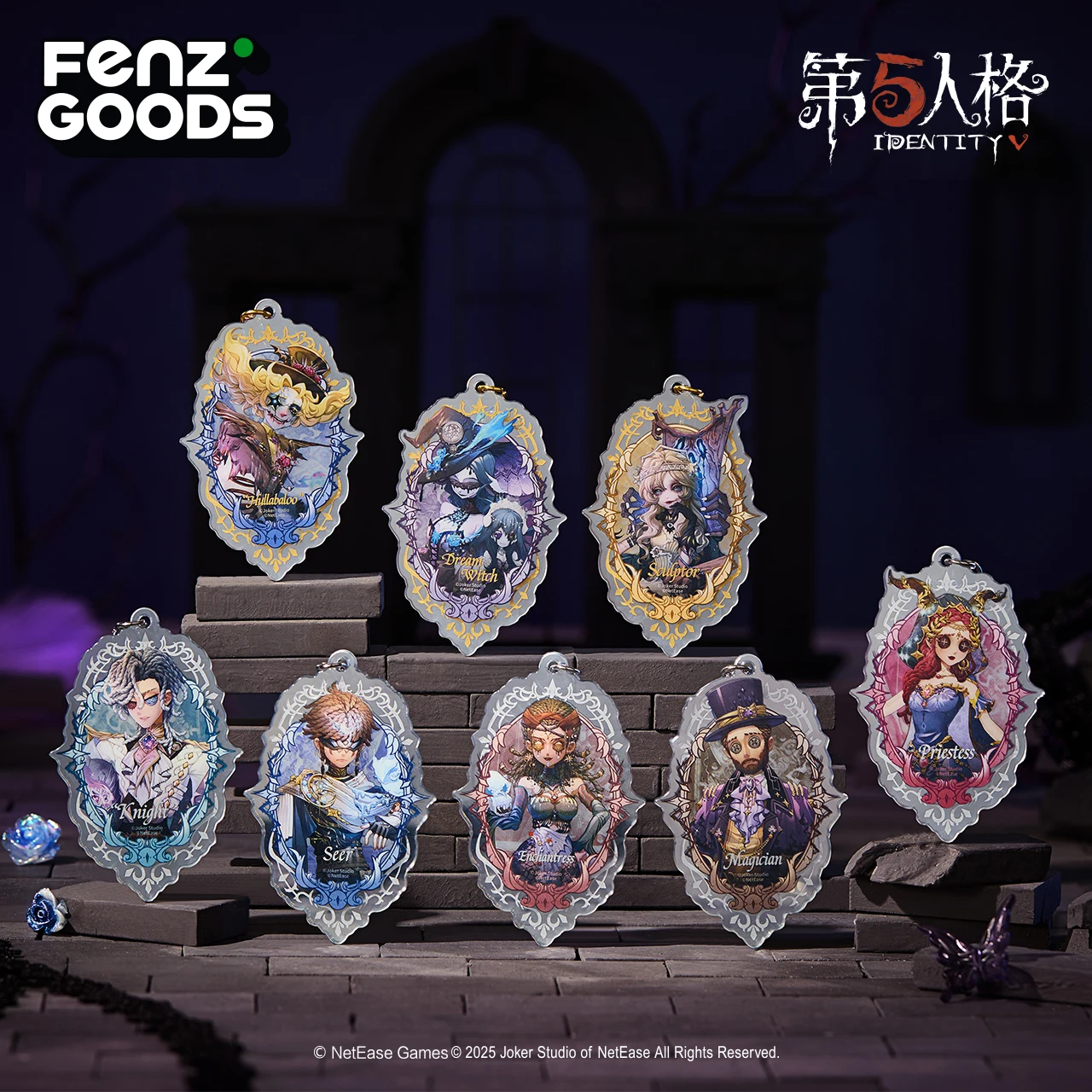 2025 Anime Game Identity V Luz Mágica Colgante Acrílico Caballero Seer ‌   Galatea Sculptor Hullabaloo Llavero chapado en oro Oficial