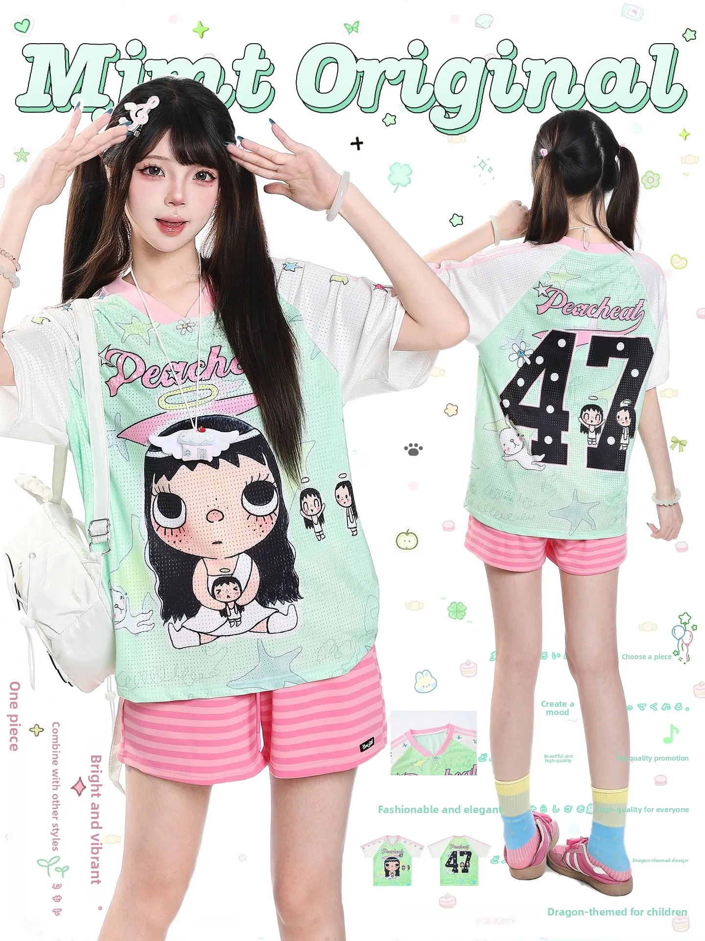 Sweet Cool Cartoon Short Sleeve T-Shirt Women Summer Color Block Loose Slimming Good Looking Casual Style Universal Fit Print...