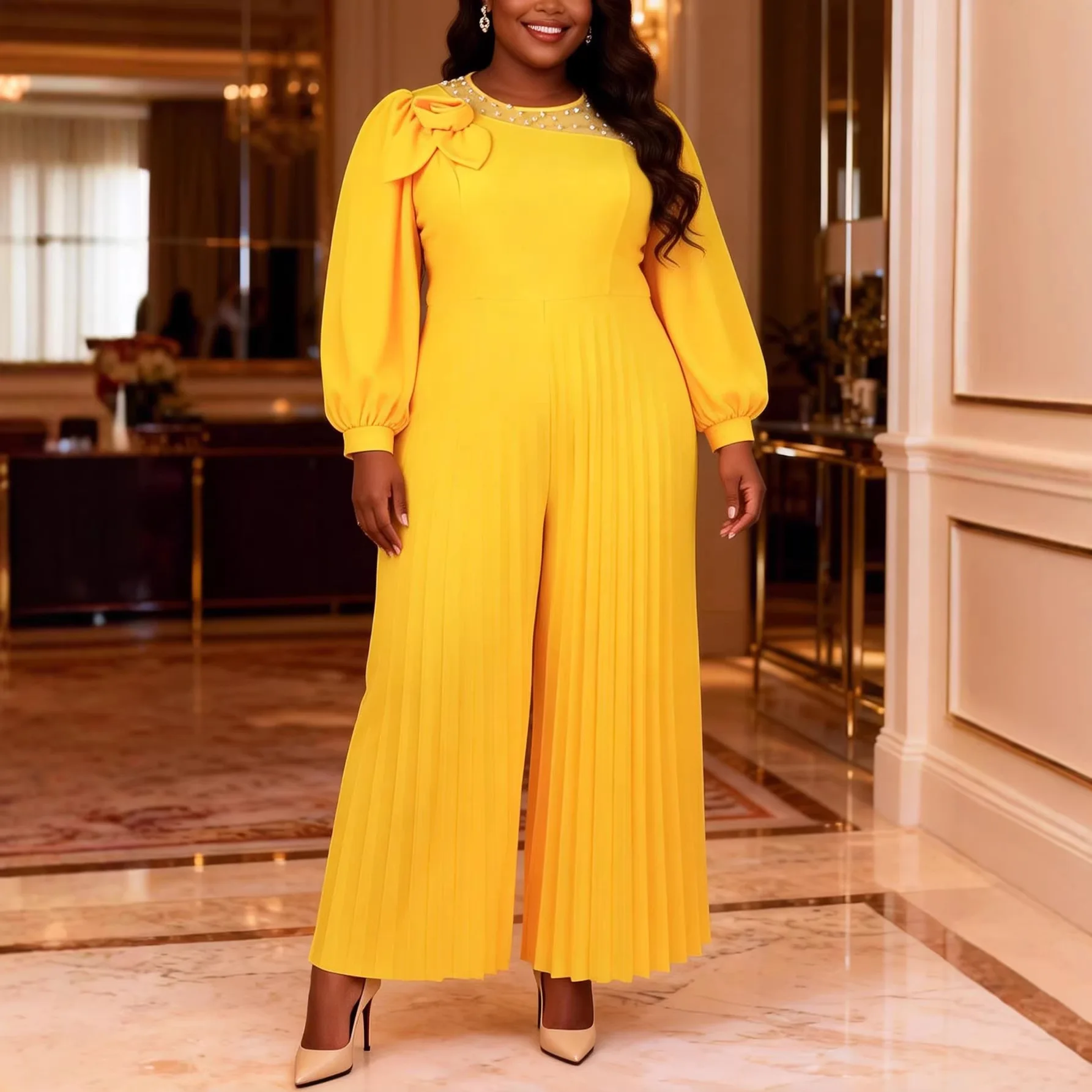 

Plus-size Women's Beaded Three-dimensional Floral Jumpsuit With Lantern Sleeves, Waist-cinching, Slimming, Elegant, And Pleated