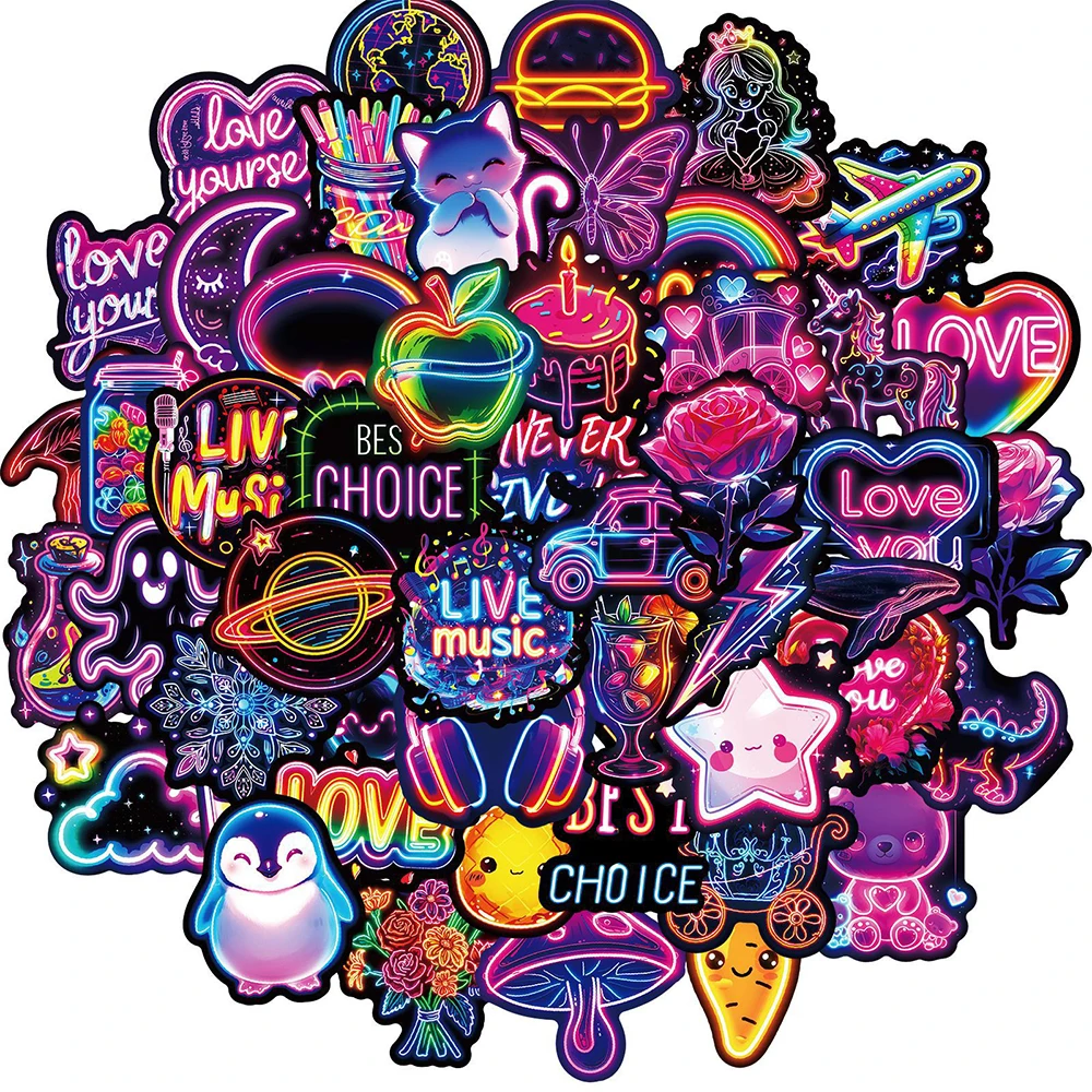 10/30/50pcs Cartoon Cute Neon Light Stickers Aesthetic Graffiti Sticker Water Bottle Phone Luggage Guitar Kawaii Decals Toy Gift