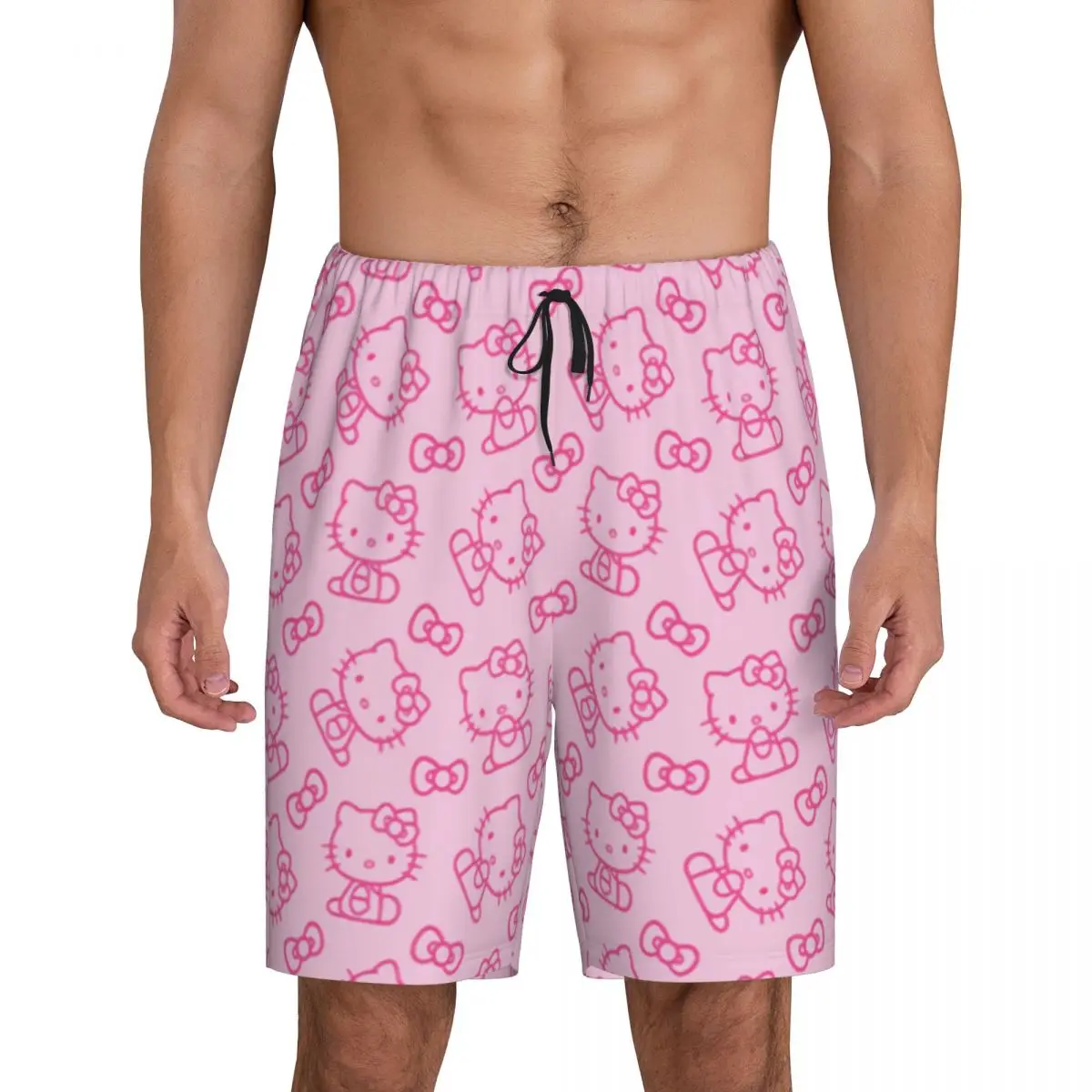 

Custom Print Men Pink Bow Animated Anime Hello Kitty Pajama Bottoms Sleepwear Pjs Sleep Shorts with Pockets