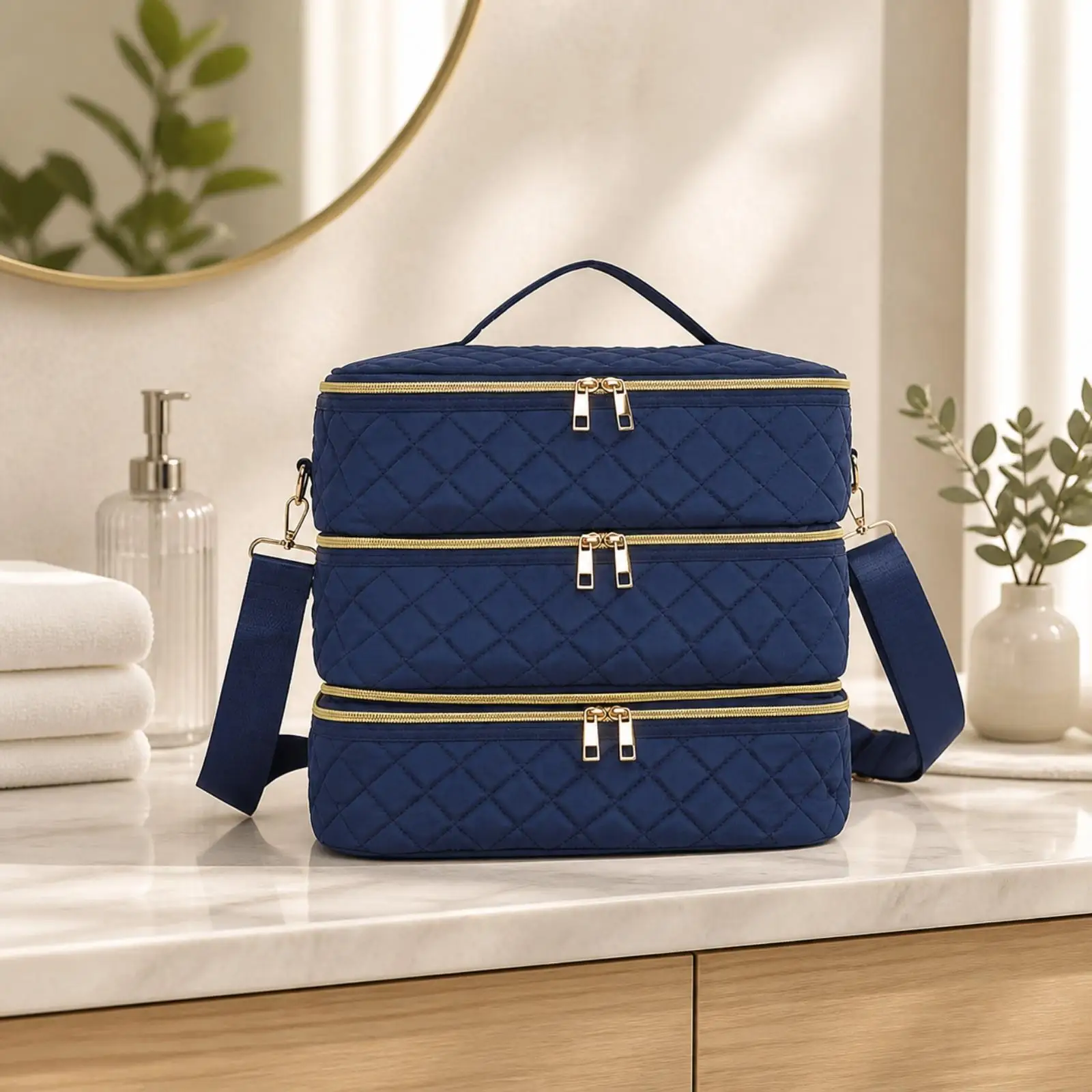 Multi-Compartment Cosmetic Bag Soft-Sided Quilted Storage Bag with Shoulder Strap Portable Makeup Organizer Multifunctional