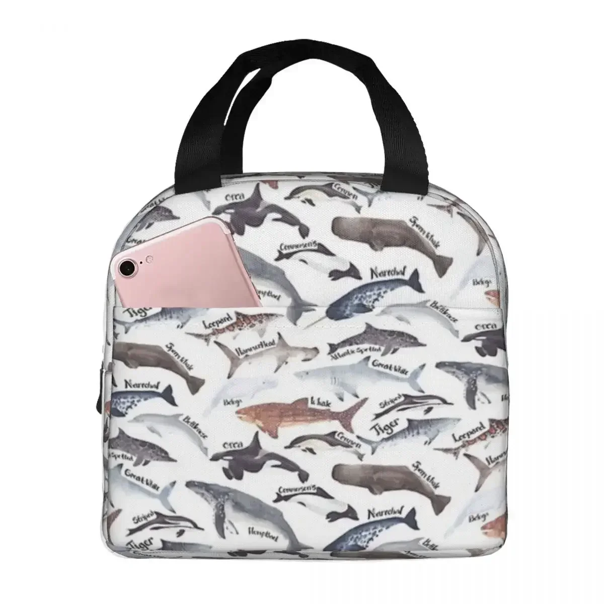 Types Of Whales, Sharks And Dolphins Watercolour Insulated Lunch Bags Picnic Bags Thermal Lunch Tote for Woman Work Kids School