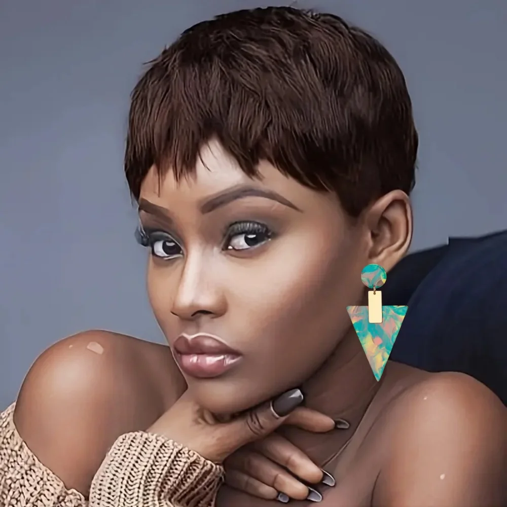 

Brazilian Remy Human Hair Wig Straight Pixie Cut with Bangs Full Machine Made Wig for Women Natural Look