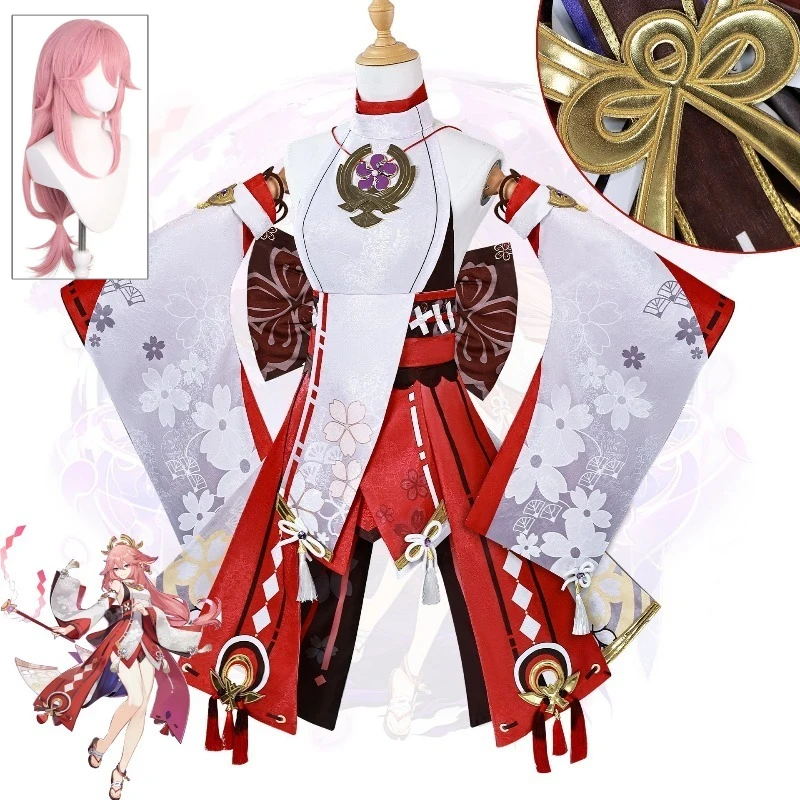 

Yae Miko Genshin Impact Cosplay Costume Shrine Maiden Outfit Pink Kimono Fox Ear Headband For Women Convention
