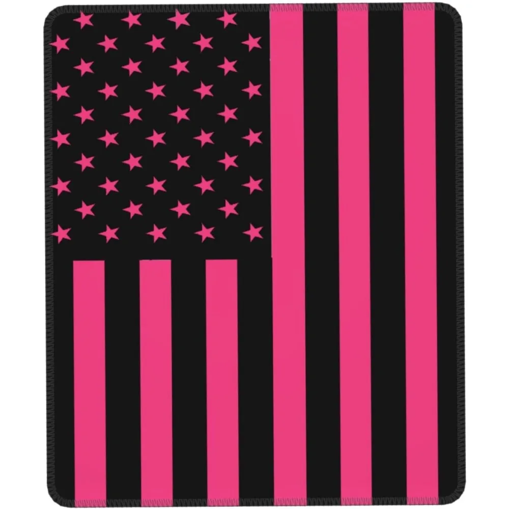 American Flag-Themed Black Pink Mouse Pad with Stitched Edges, Anti-Slip Desk Mat for Gaming and Office Use, 7.9 x 9 Inches