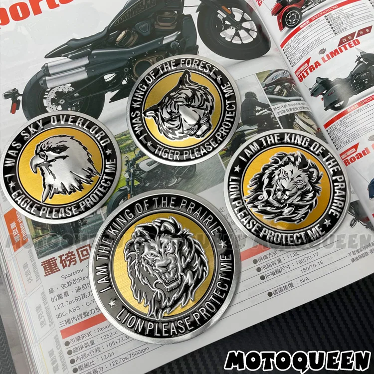 1X Emblemat 3D Logo Tank Pad Oil Cover Dome Fender Engine Hood Vintage Motorcycle Aluminium Decal Stickers For Tiger Eagle Lion