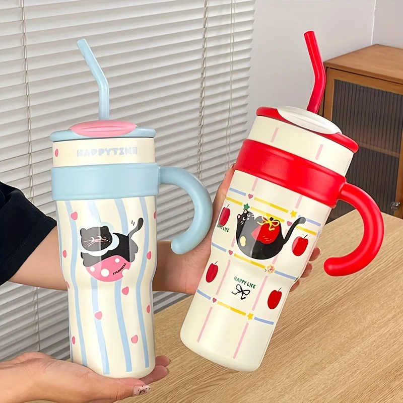

1.2L Cute Cat Thermos Cup SUS316 Outdoor Travel Portable Large Capacity Ice Cup Car Cup with Handle Straw as a Birthday Gift