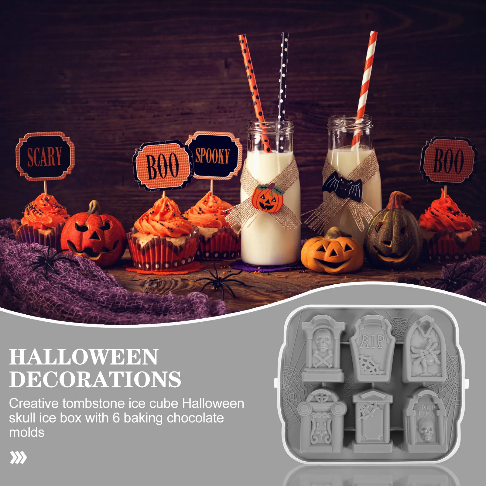 Halloween Silicone Ice Cube Tray – Tombstone & Coffin Shape, Reusable Non-Stick Mold for Chocolate, Jelly, Pudding