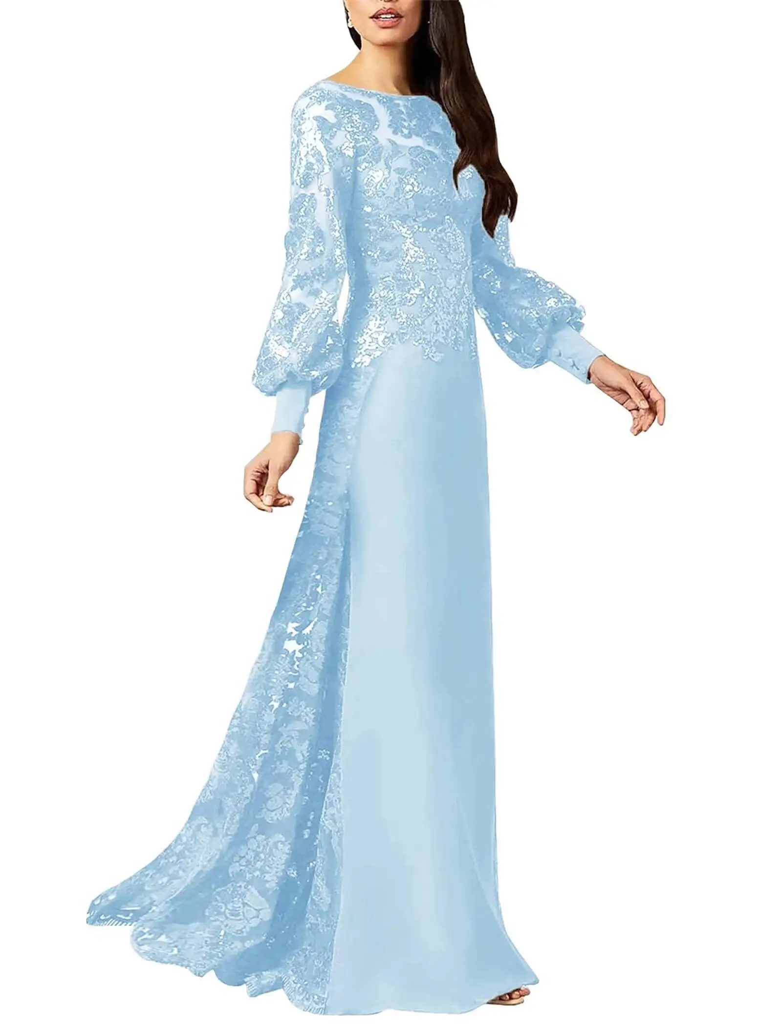 Sukienki dla mamy panny młodej na wesele z dekoltem łódkowym, cekinami, koronkowymi aplikacjami, długimi rękawami, w kształcie litery A, na studniówkę i wieczorowe.