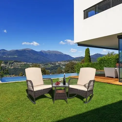 3 pcs Rocking Bistro Set Conversation Chairs PE Wicker Outdoor Rocking Chairs & Glass Table,for Porch Lawn Garden