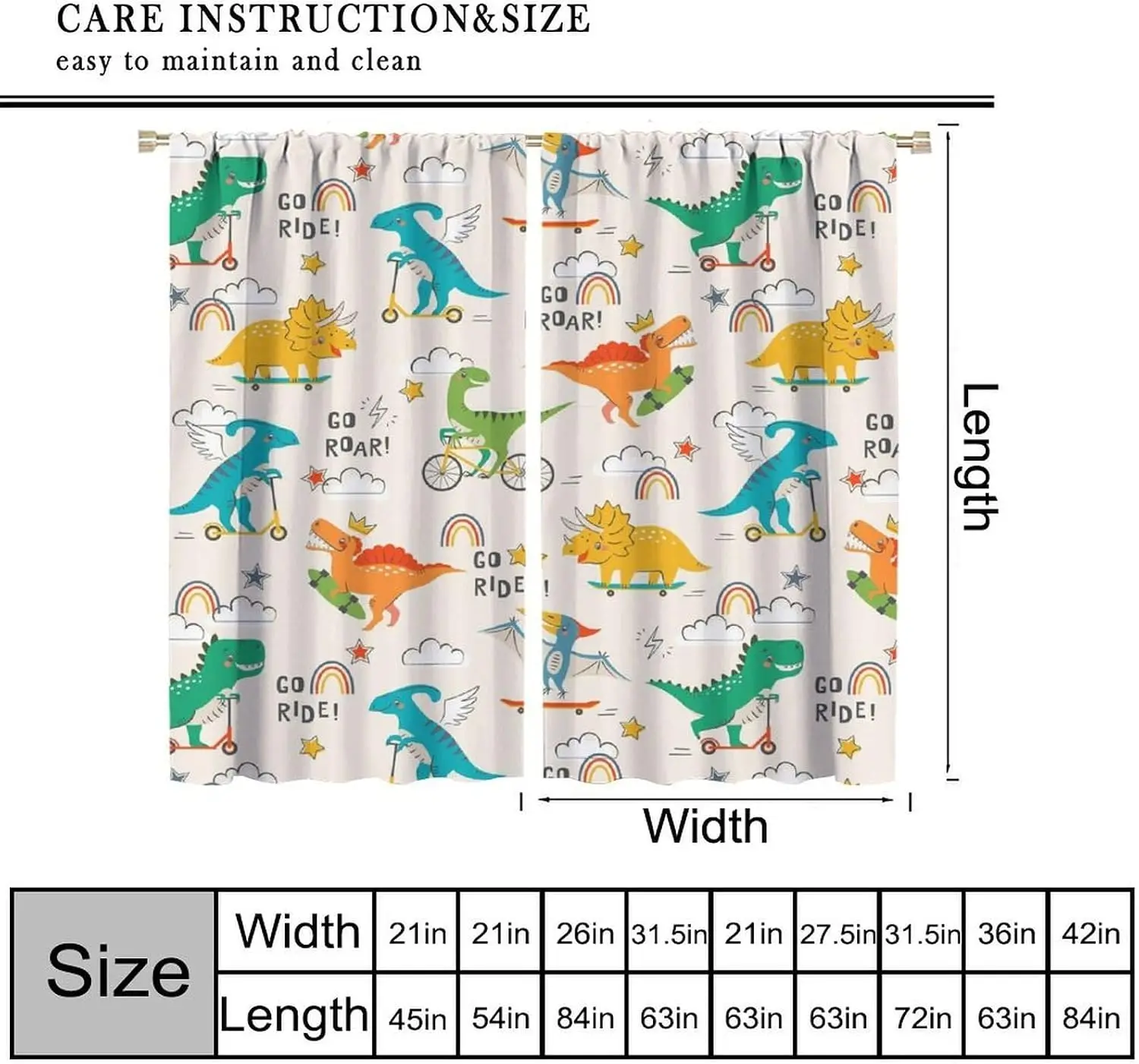 2 Panels Cream Cartoon Dinosaur Curtains Sport Dino Scooter Bike Rainbow Print Drapes Cute Kids Toddler Boys Bedroom Window