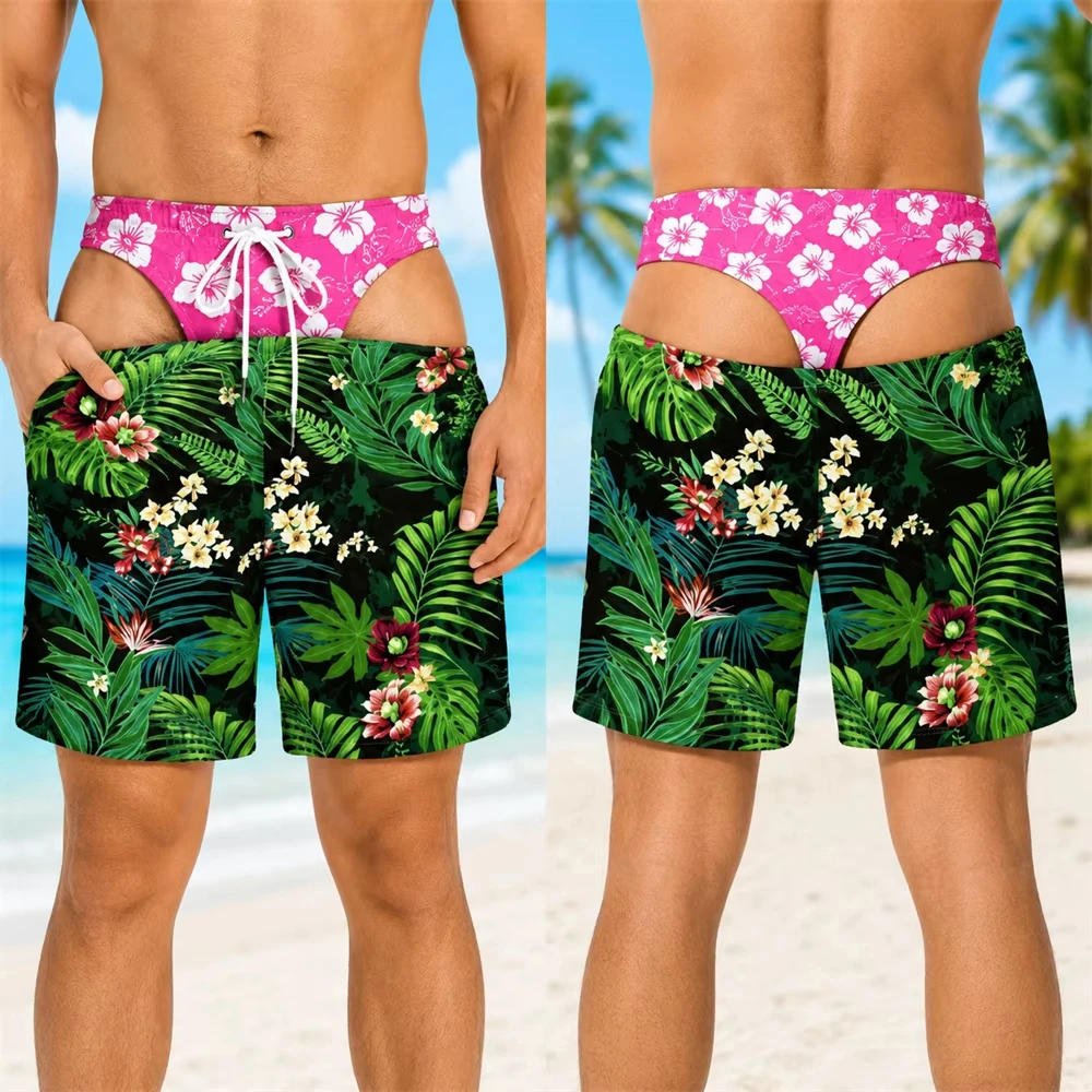 Unisex Tropical Hawaiian Floral Print Cut‑Out Swim Trunks Novelty Drawstring Beach Shorts Quick Dry Summer Holiday Swimwear