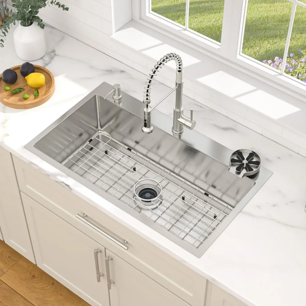 حوض مطبخ كبير Topmount 33x19، شديد التحمل 16 مقياس 304 من الفولاذ المقاوم للصدأ، 3 فتحات أنابيب، تصميم منسدل