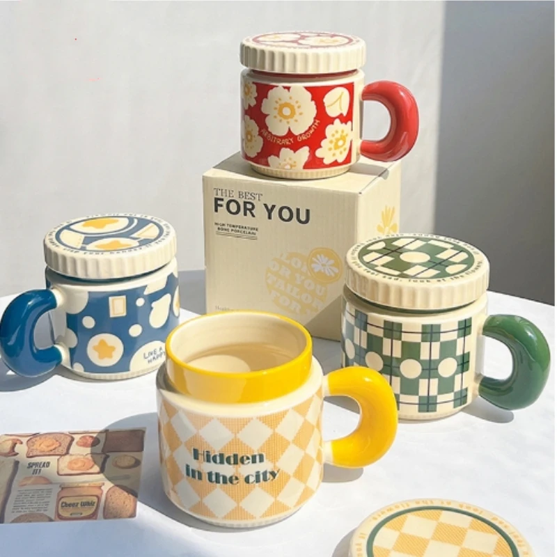 

400ML Ceramic Mug Checkerboard Flower Pattern Coffee Cup with Lid Handmade Cup Oatmeal Breakfast Cup Office Water cups Drinkware