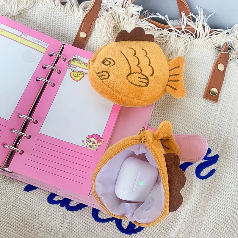 

Cute Plush Snapper Fish Storage Bag Mini Cartoon Coin & Cable Organizer Wristlet Purse