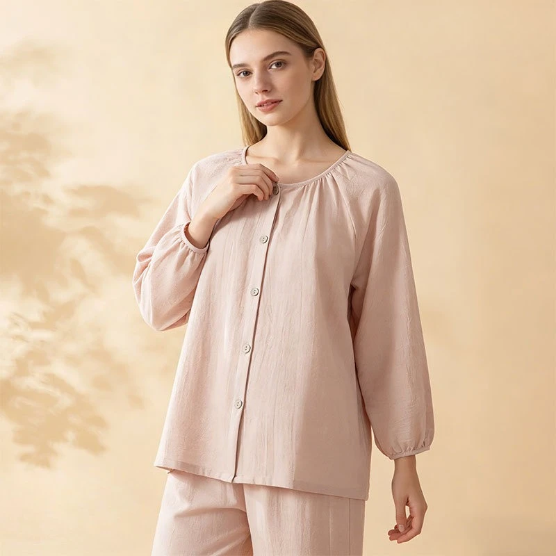 

Женский пижамный комплект из 100% хлопка, однотонный, тонкий, дышащий, с круглым вырезом, длинными рукавами, на пуговицах спереди и брюками, мягкий, в туманно-розовых тонах, для дома