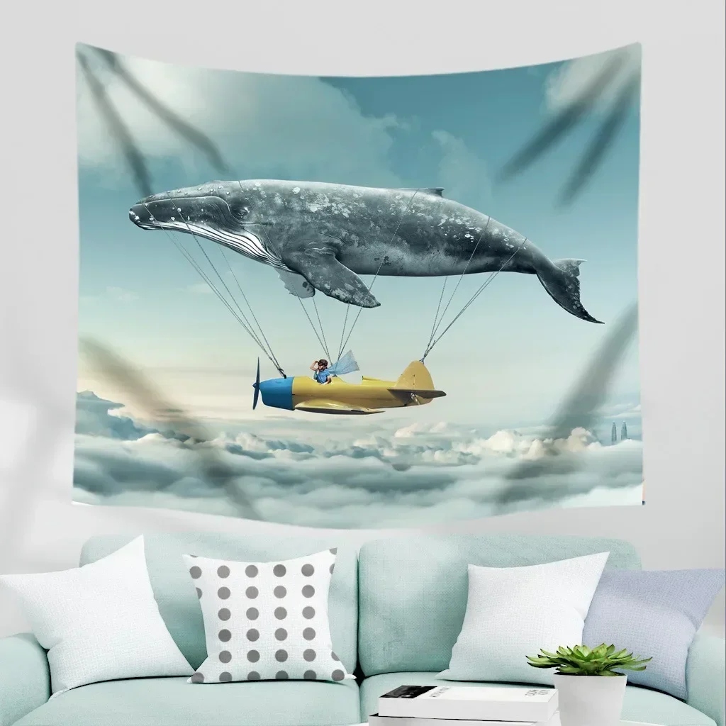

Sea Animal Whale Printing Tapestries Fantasy Watercolor Painting Tapestry Livingroom Bedroom Decoration Background Hanging Anime