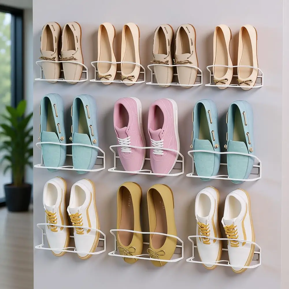 

Настенная металлическая подставка для обуви на 10 пар с клейкими полосами, белая, для хранения обуви на стене, в автофургоне или на двери
