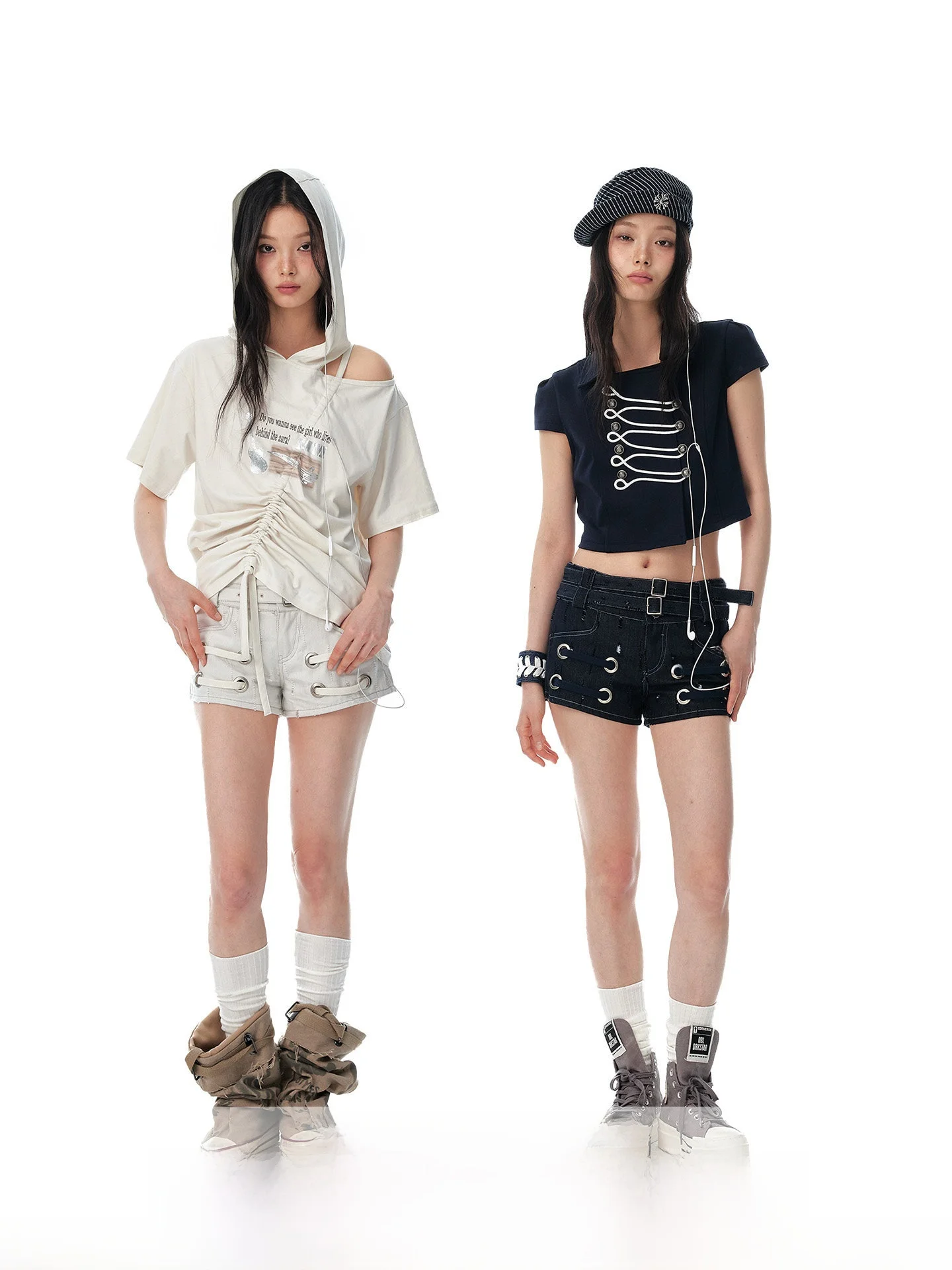 

JIKOO Korean Style Hot Short Jeans Women's Slim Fit Double Belt Metal Ring Straight Leg Hot Pants Casual Low Waist Cotton Jeans