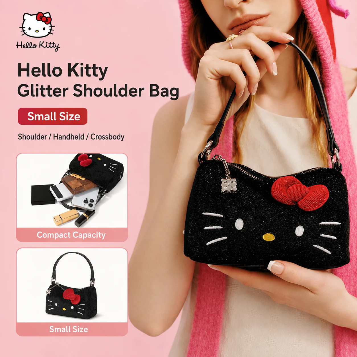 New Sanrio Hello Kitty Glitter Bling Bling Black Underarm Bag Crossbody Purse Daily Outing Dating Party Travel Girl Holiday Gift