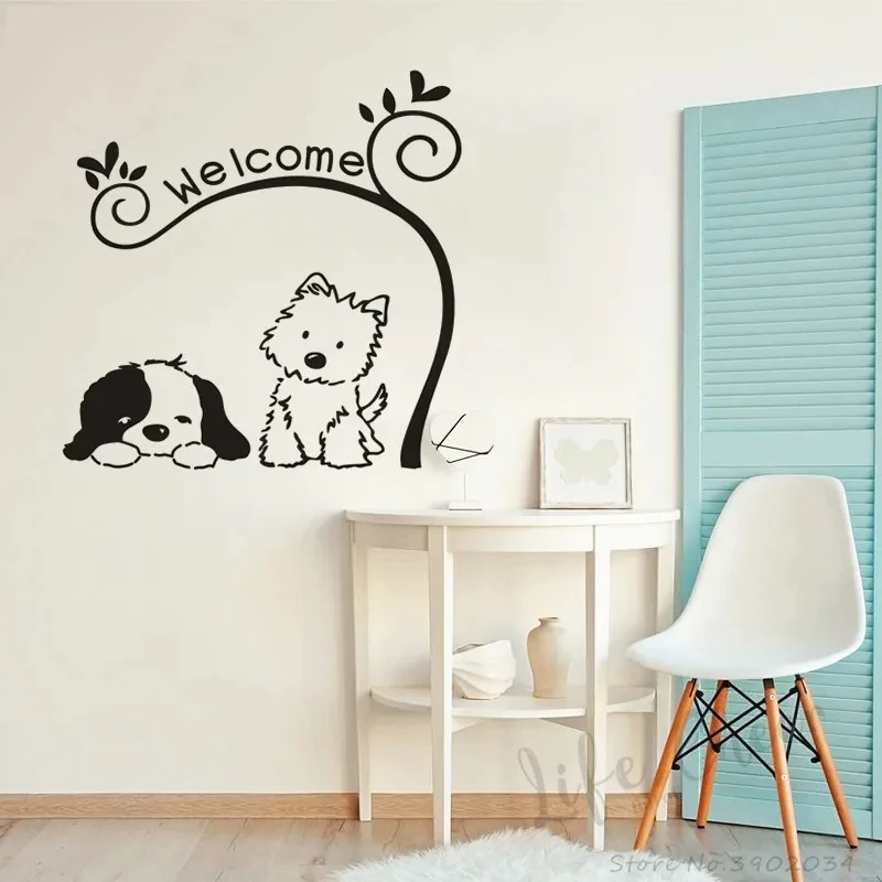 Pet Shop Welcome Sign Vinyl Sticker Lovely Cat Dog Wall Decal Welcome Texts Wall Window Poster Home Front Door Decoration