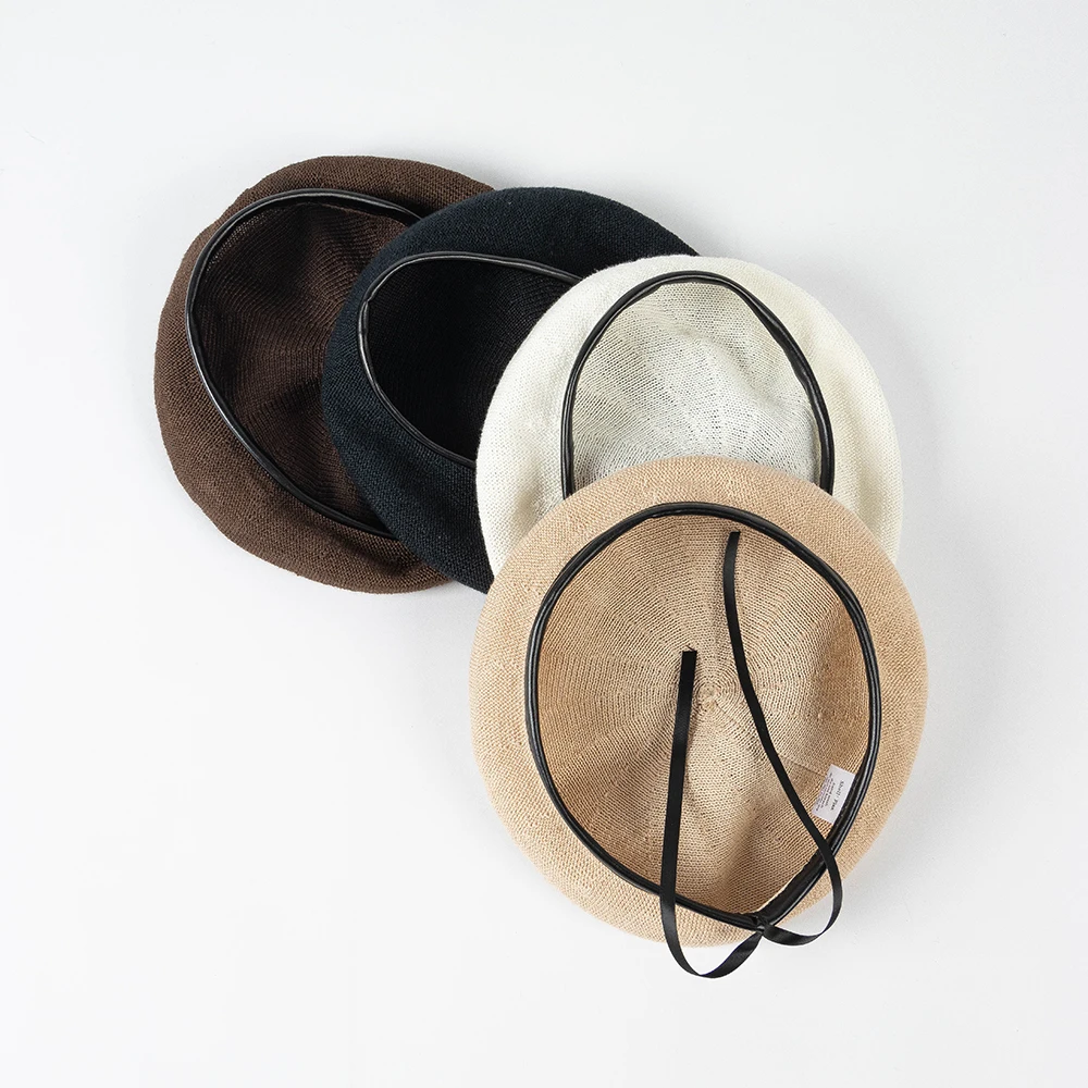 Kids Knitted Linen Beret With Binding and Adjustable Ribbon Band